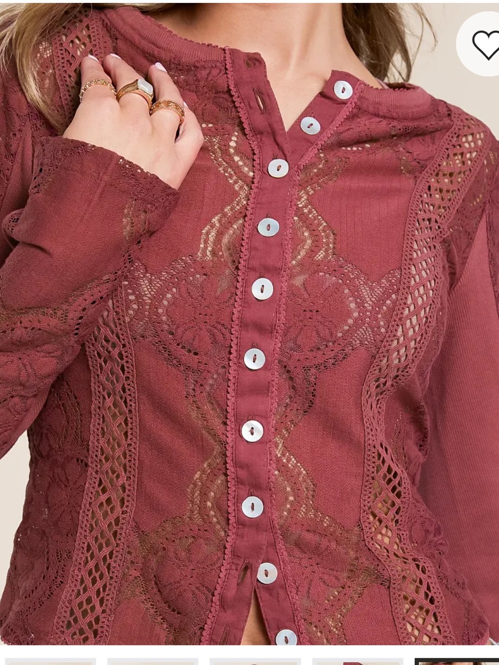 Free People Dusty Rose Lace-Trim Button Down Crop Top - Picture 2 of 8